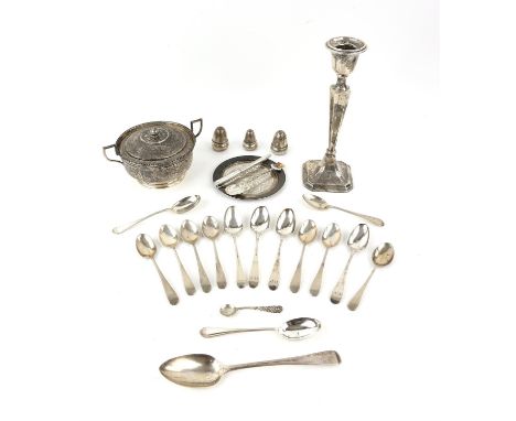 Iranian silver twin handled bowl and cover on stand, selection of silver spoons, candlestick etc., 20oz, 622g,