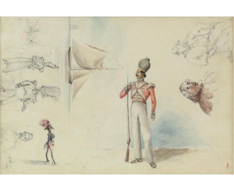 19th century, British School, sketch of a soldier, a ship at sea and other figures, watercolour and pencil, 15cm x 22.5cm,Fro