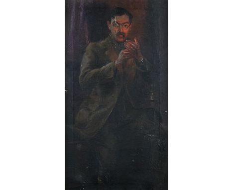 Early 20th century English School, gentleman lighting his pipe, oil on canvas, 45cm x 25cm