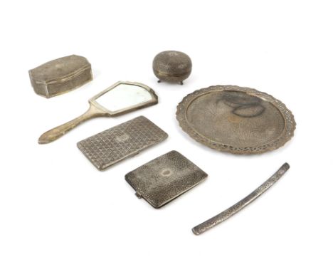 Indian silver and white metal items, comprising two boxes, hand mirror, two cigarette case, dish and comb mount, weighable it