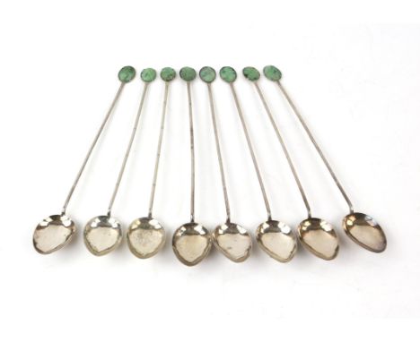 Set of 8 Chinese Sundae spoons, the cast bamboo handles with carved hardstone finials, marked Silver 90. three pairs of salt 