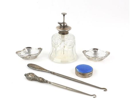 Silver and enamel box, Birmingham 1927, a pair of pierced silver 800 grade baskets, a sterling silver topped atomiser, and tw