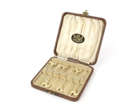 Cased set of six gilt sterling silver cocktail sticks with cockerel finials 