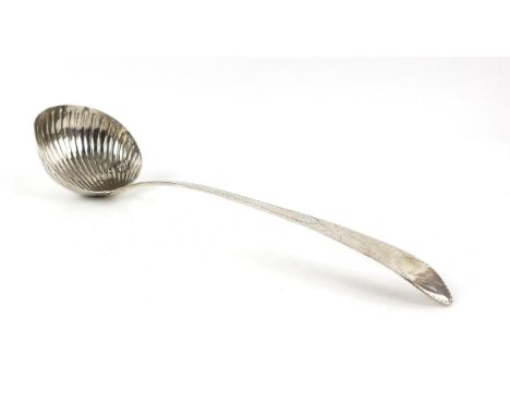 George III Irish silver ladle, by John Shiels, Dublin 1791, the fluted bowl with star and bow engraved stem and crested termi