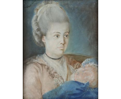 Italian? 19th century, head and shoulders portrait of a lady in a pink dress and wearing her hair up, pastel, paper laid on c