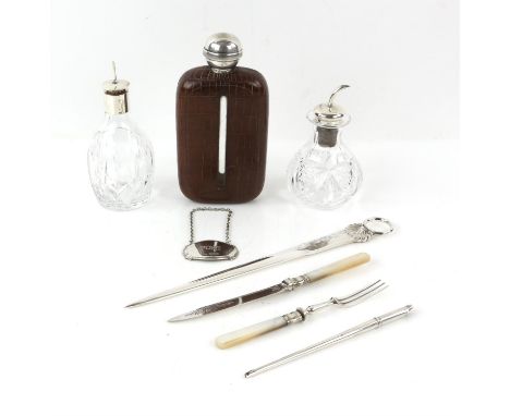 Modern silver shell pattern meat skewer, by C J Vander Ltd., Sheffield, 1984, two silver mounted cut glass scent bottles, 'Po