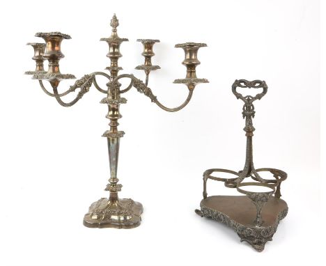 Silver plated five light candelabra, 53cm H. and a three section bottle stand, 38cm