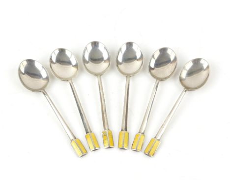 George VI Art Deco set of six silver and yellow enamel  spoons by G S G and Co, Birmingham 1937