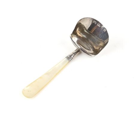 George IV silver caddy spoon, scoop form with Mother of pearl handle by Joseph Willmore, Birmingham 1822