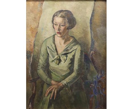 James Morey Hockey (British, 1904-1990). 'The Late Mrs. Bouverie Hoyton', portrait of a lady seated, oil on canvas, unsigned,