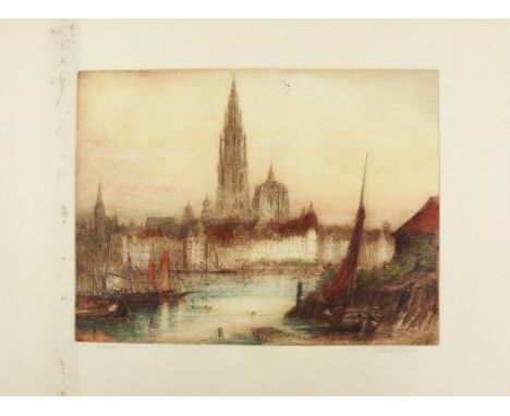 James Alphege Brewer, Antwerp, unframed, 2 x watercolour pictures of mountains and a portrait of a lady.  All unframed (4)