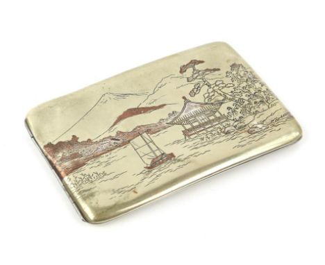 Japanese tri colour pictorial sterling silver case with internal and external decoration 4.3 ozs