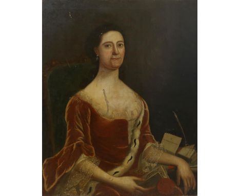 Attributed to Tilly Kettle (British, 1735- 1786). Portrait of a Lady, half length, seated and wearing a red, ermine trimmed g
