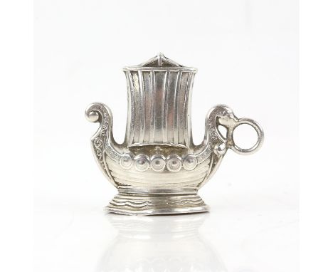 Novelty Norwegian sterling silver pepper pot in the form of a Viking boat