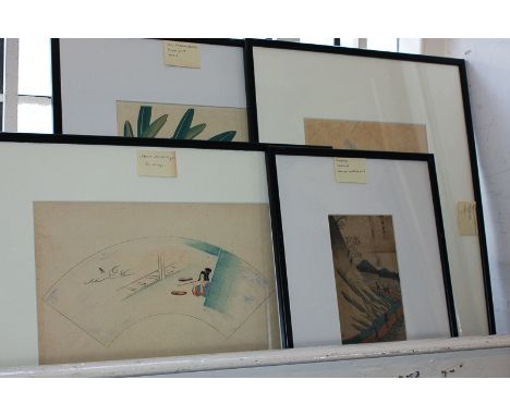 A Japanese woodblock print Hiroshige, mountain landscape with figures on a path, 22cm by 12cm, two fan designs and another pr