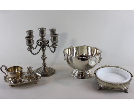 A small candelabra, a small plated rose bowl, a butter dish and a bowl and cigar lighter in carrier