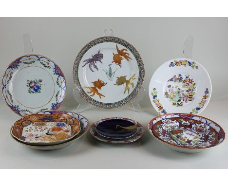 Three Chinese porcelain dishes decorated in colours with floral spray centre, 23cm, and six other various oriental plates