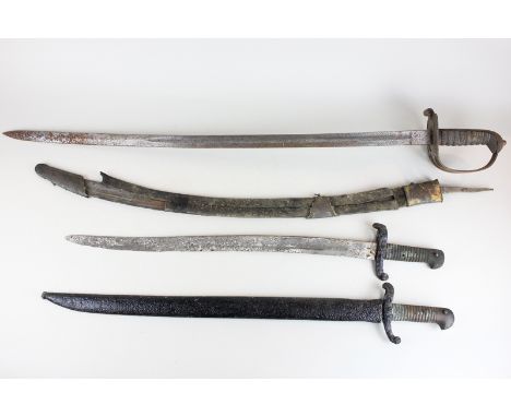 A British army officers sword, two bayonets and a sword blade in scabbard (af) (NC)