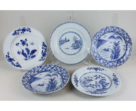 A pair of Chinese blue and white porcelain plates decorated with mountain views, 23cm, and three other blue and white decorat