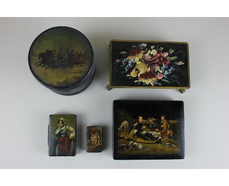 A black lacquered trinket box decorated with three seated gentlemen with game, 13cm, two papier mache snuff boxes, one decora