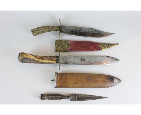 Three various knives including a horn handled hunting knife in leather sheath, a gilt metal mounted knife and sheath and a sm