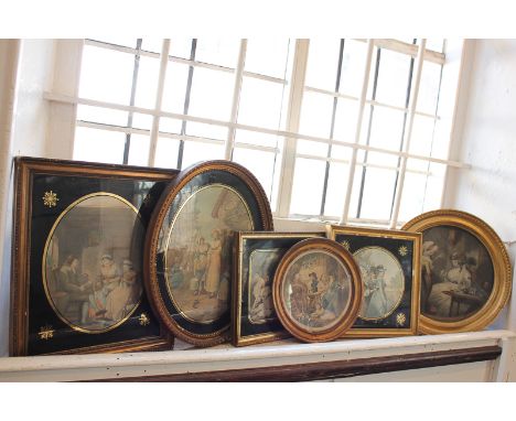 After Moreland, Laetitia with her parents, 19th century print in oval mount, 29cm, a tavern garden scene after Moreland, colo
