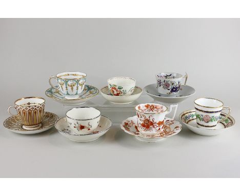 Seven 19th century porcelain tea cups and saucers of various styles and decoration
