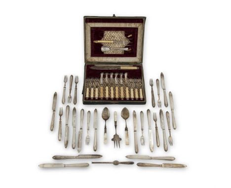 A SET OF EIGHTEEN VICTORIAN ENGINE TURNED FILLED HANDLED DESSERT KNIVES AND EIGHTEEN MATCHING FORKS, Sheffield 1851, with sil