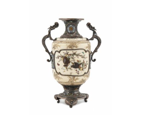 A JAPANESE MEIJI PERIOD IVORY, SILVER AND ENAMEL VASE, of baluster form, the ivory body inlaid with polished hardstones, moth