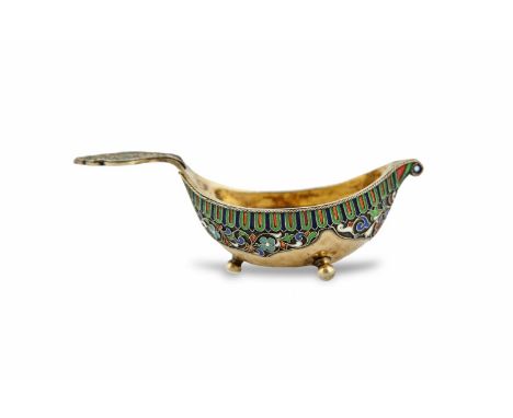 A FINE RUSSIAN SILVER-GILT AND CLOISONNÉ ENAMEL KOVSH, (19th century), struck with makers mark of Khlebnikov, Moscow and date