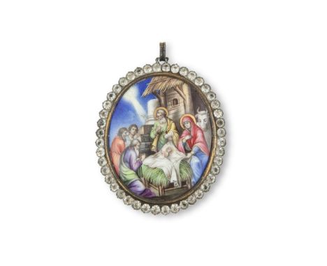 A 17TH CENTURY CONTINENTAL OVAL ENAMEL MINIATURE, depicting The Nativity colourfully painted and set within a band of faux di