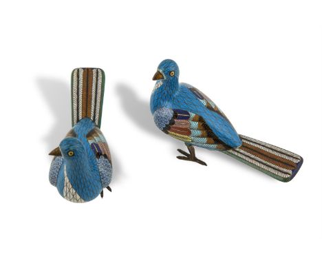A PAIR OF 19TH CENTURY CHINESE CLOISONNE ENAMEL DOVES, Qing Dynasty, in opposing positions, picked out in turquoise enamel, w