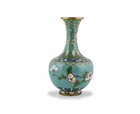 A LATE 19TH CENTURY JAPANESE CLOISONNÉ ENAMEL VASE, of long neck baluster form, decorated with flowering foliage against turq