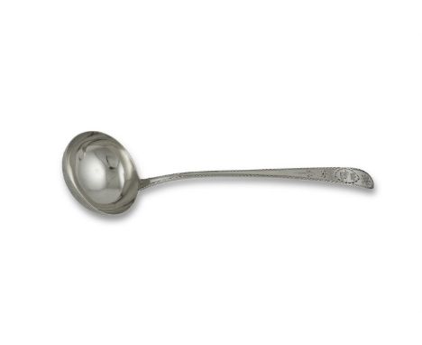 AN IRISH GEORGIAN SILVER BRIGHT CUT ENGRAVED TAPER HANDLE SOUP LADLE, Dublin c.1800 (c.160g). 34cm long