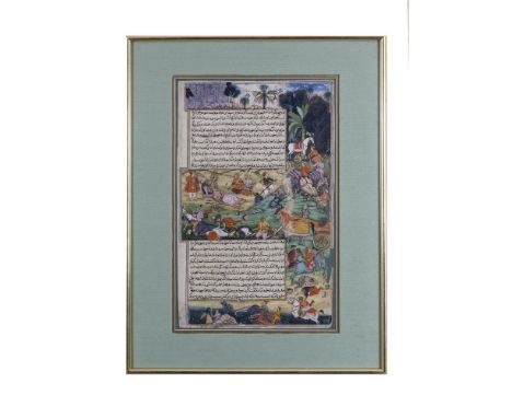 ATTRIBUTED TO FAZL (MUGHAL c.1616)A leaf from the manuscript of the RazmnamaMixed media on paper, 40 x 25cmSatrughna lies wou
