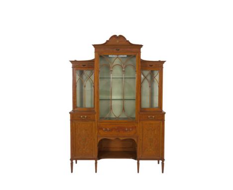 A LATE VICTORIAN INLAID SATINWOOD BREAKFRONT DISPLAY CABINET, by Maple & Co.,Tottenham Court Road, London, the central sectio