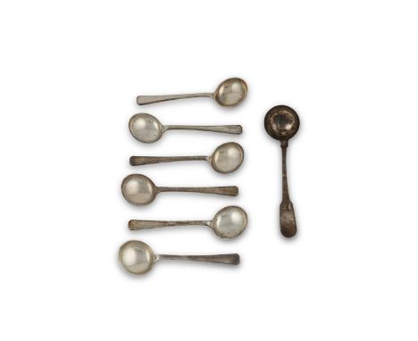 A SET OF SIX SILVER PLAIN TAPER HANDLED SAUCE LADLES, Birmingham 1937; together with an Irish Georgian silver plain fiddle pa