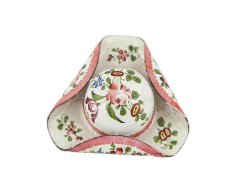 AN 18TH CENTURY STAFFORDSHIRE ENAMEL PILLBOX, formed as a miniature tricorn hat, delicately painted with colourful flower spr
