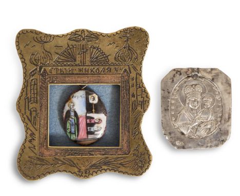 A 19TH/20TH CENTURY RUSSIAN MINIATURE DEPICTING ST. SERGIUS OF RADONEZH  Enamel, 3 x 2cmOval, contained within an engraved co