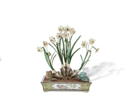 AN 18TH/19TH CENTURY CANTON ENAMEL AND STAINED IVORY RECTANGULAR JARDINIERE, modelled with a group of Narcissi flowers sprout