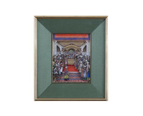 MUGHAL, C.1820The Court of the Mughal Emperor Aldwar Shah II at Delhi c.1820Miniature oil on ivory, 15 x 11cmThe scene repres