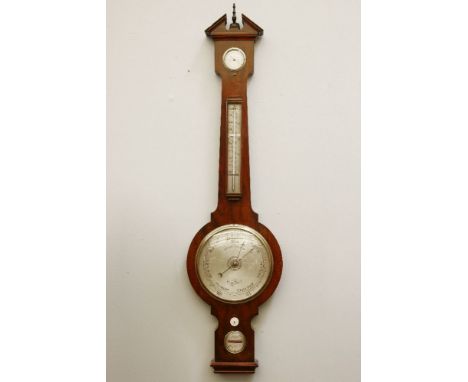 A rosewood banjo barometer, by Zambra, mid-19th century, the silvered dial below a thermometer, convex mirror, and hydrometer