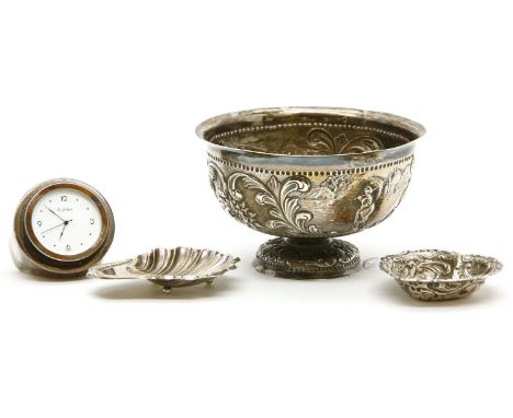 Alfred Lewis silver bowl, together with an R.J. Carr silver desk clock and two small silver dishes