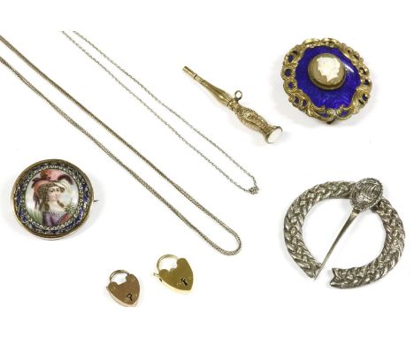 A collection of jewellery, to include two 9ct gold padlocks, 4.25g, a silver plated miniature brooch depicting an 18th centur