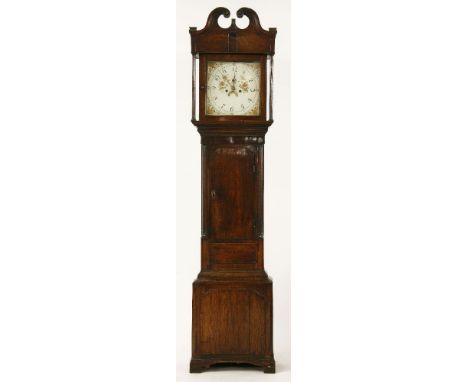 A 19th century provisional eight day oak long cased clock, the painted dial with subsidiary dial and aperture, 220cm high