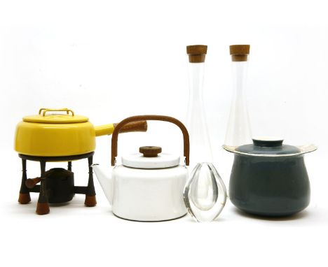 A Dansk yellow enamelled fondue set, a white enamelled kettle, two teak topped decanters, a Poole casserole pot and cover, an