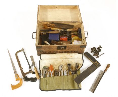 A tool box, and tools, including saws, squares, etc