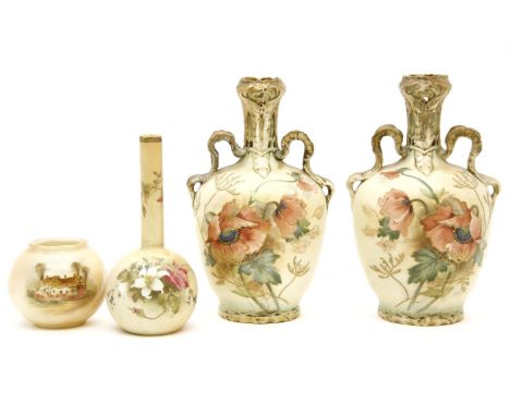 A pair of Vienna porcelain twin handled vases, with hand painted foliate decoration, 22 cm high, together with a Royal Worces