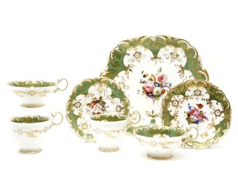 A 19th century Coalport duo tea service, comprising two coffee cups, two tea cups, two saucers and a sandwich plate, all havi