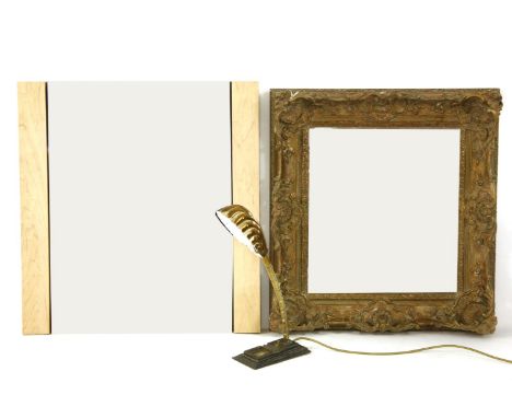 A brass desk lamp of shell form, together with square wall mirror with gilt frame and one other mirror